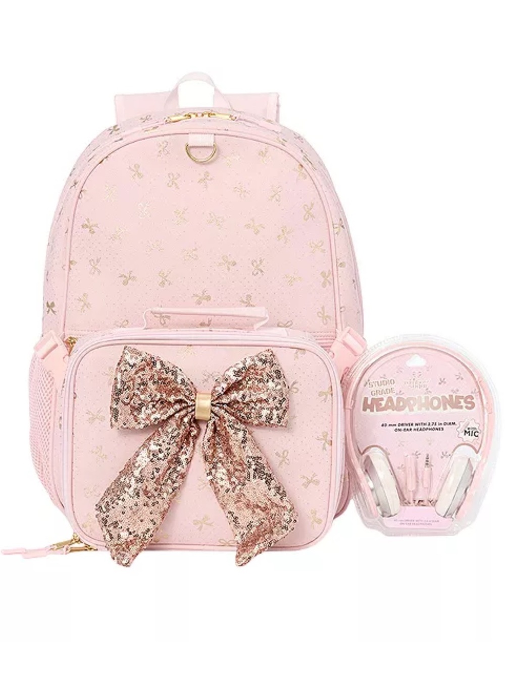 Rainbow Sugar Girls' Bow Lunch Box, Backpack with Matching Headphone 3-Piece Set